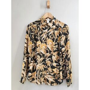 H&M Floral Blouse Women 6 Black Gold Long Sleeve Button Up Tropical Office Boho